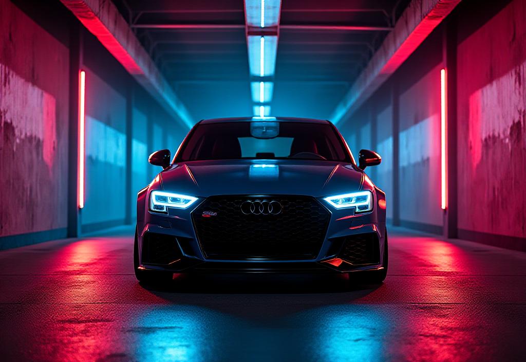 Auto sportiva modificata in un garage scuro con luci al neon a Roma