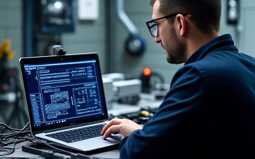 Tecnico che mappa una centralina motore con un laptop in un garage specializzato