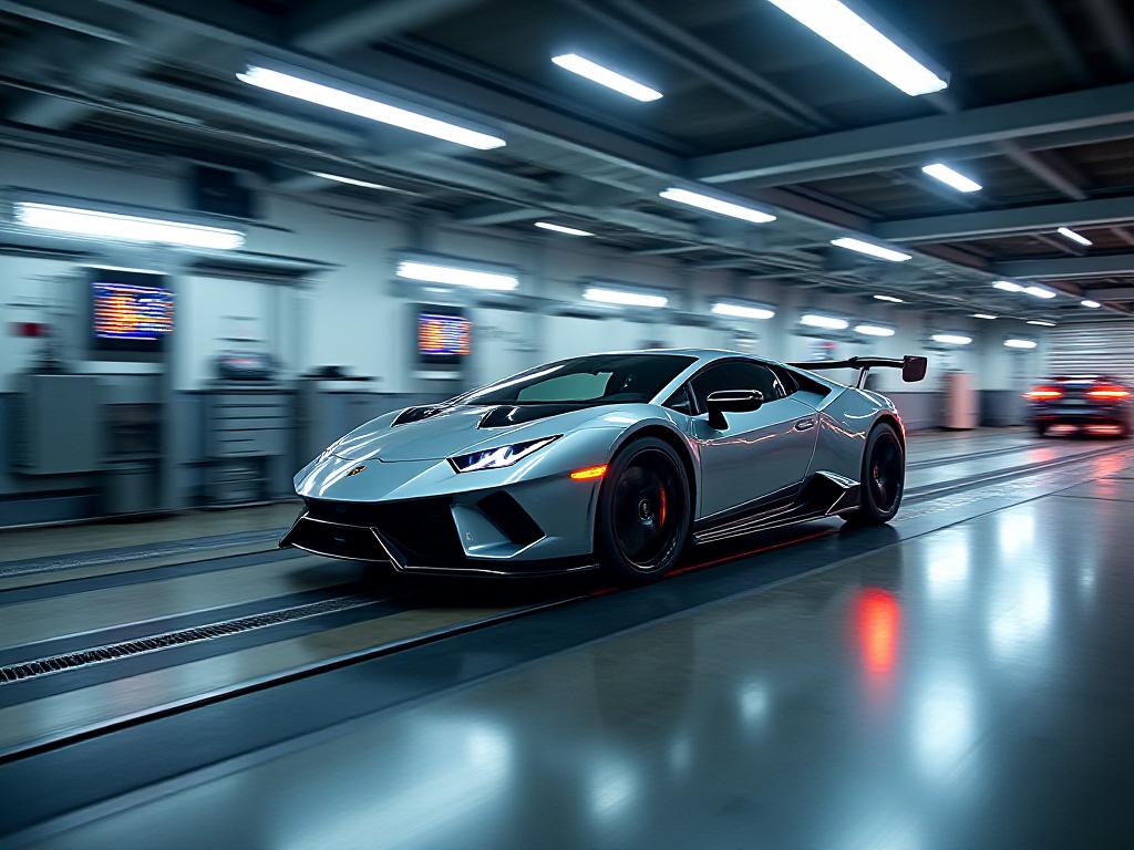 Auto sportiva in accelerazione su un banco a rulli 4x4, con schermi diagnostici in sottofondo